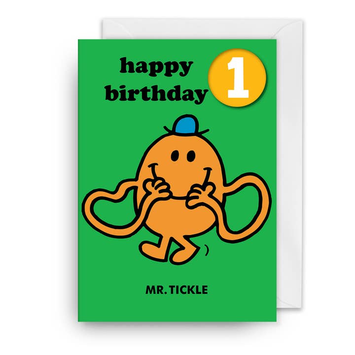 Geburtstagsabzeichenkarte | Herr Kitzel | 1 Jahr alt | Mr. Men für den Großhandel von Hype Associates Ltd