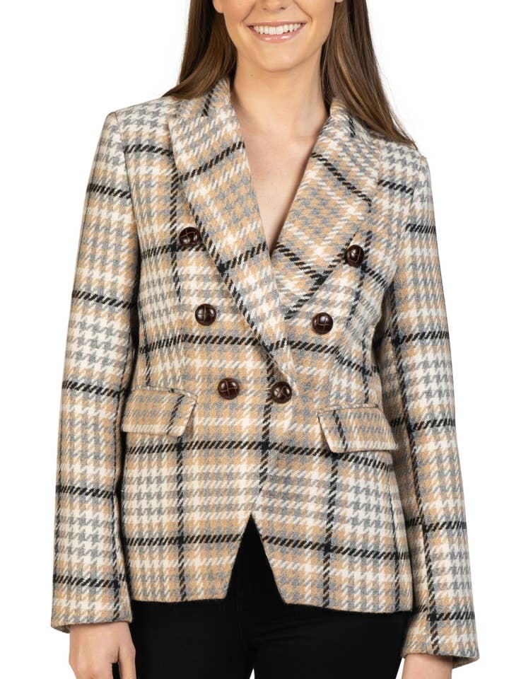 Love Token Double-Breasted Plaid Tweed Blazer for wholesale by New Yorker's Apparel