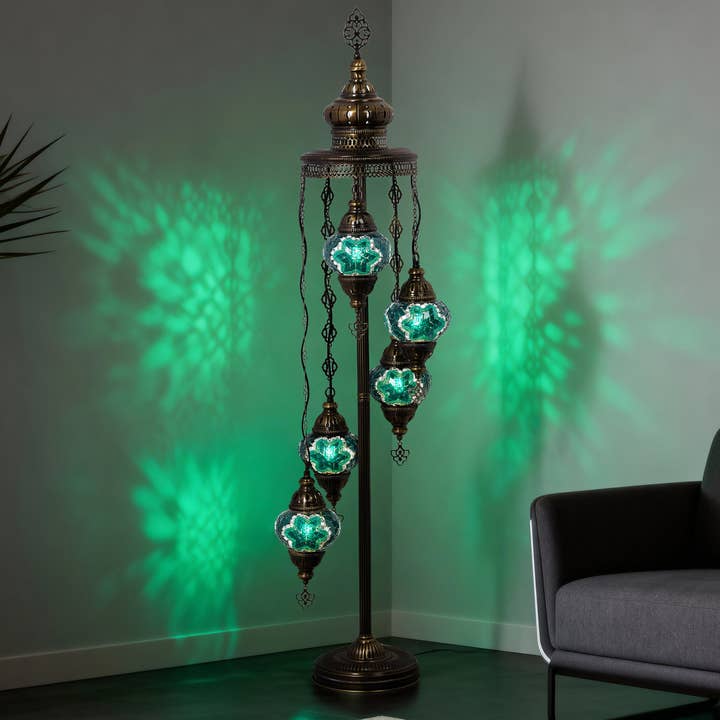 5-Globe Turkish Mosaic Floor Lamp (Green) for wholesale by Mozaist LLC