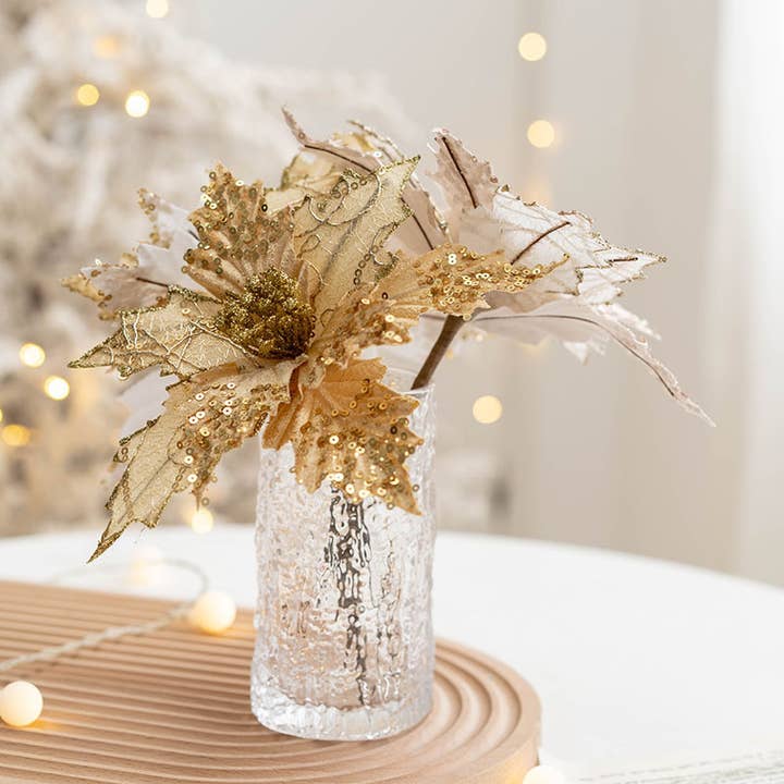 Sweet Home Deco - Wholesale Christmas Decoration - 8''W Fabric Poinsettia Flower, Sparkled Christmas Poinsettia