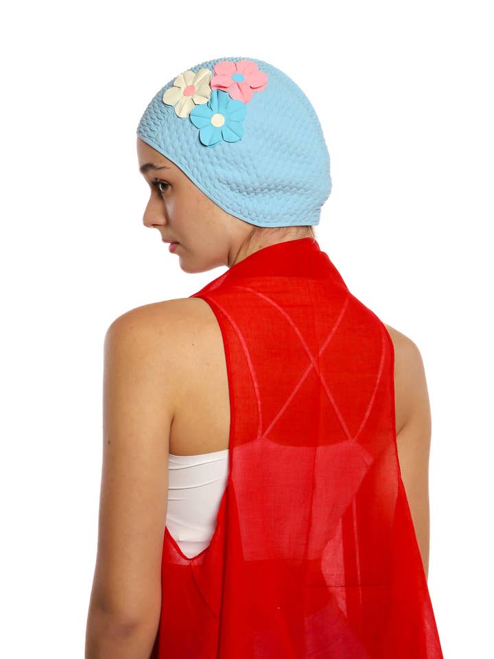 Light Blue Vintage 3 Flowers Swim Cap 508 for wholesale by KORES ACCESSORIES
