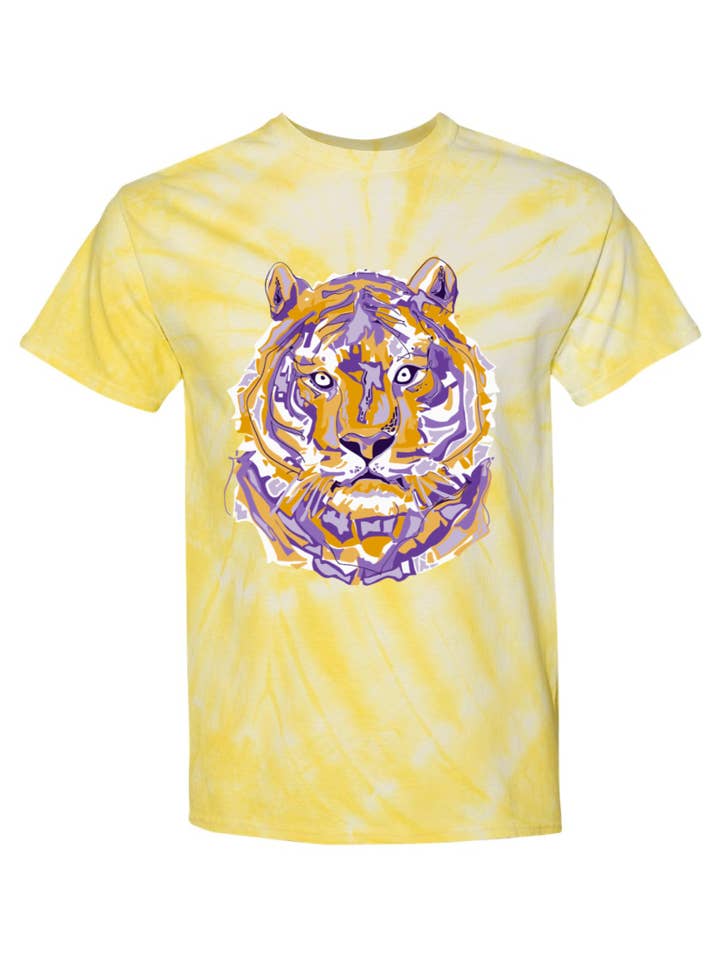 Pink House On River Road - Wholesale Screen Printed T-Shirt - Women's - Layered Purple and Gold Tiger Mascot Tie Dye Graphic Tee