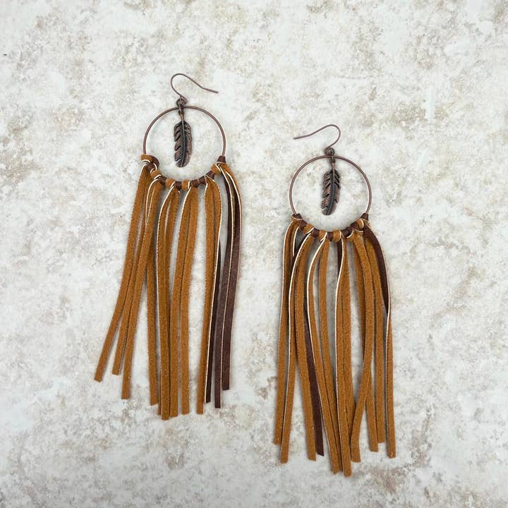 Cooper Hoop with Metal Feather Tassel Earrings for wholesale by Western Elite Jewelry