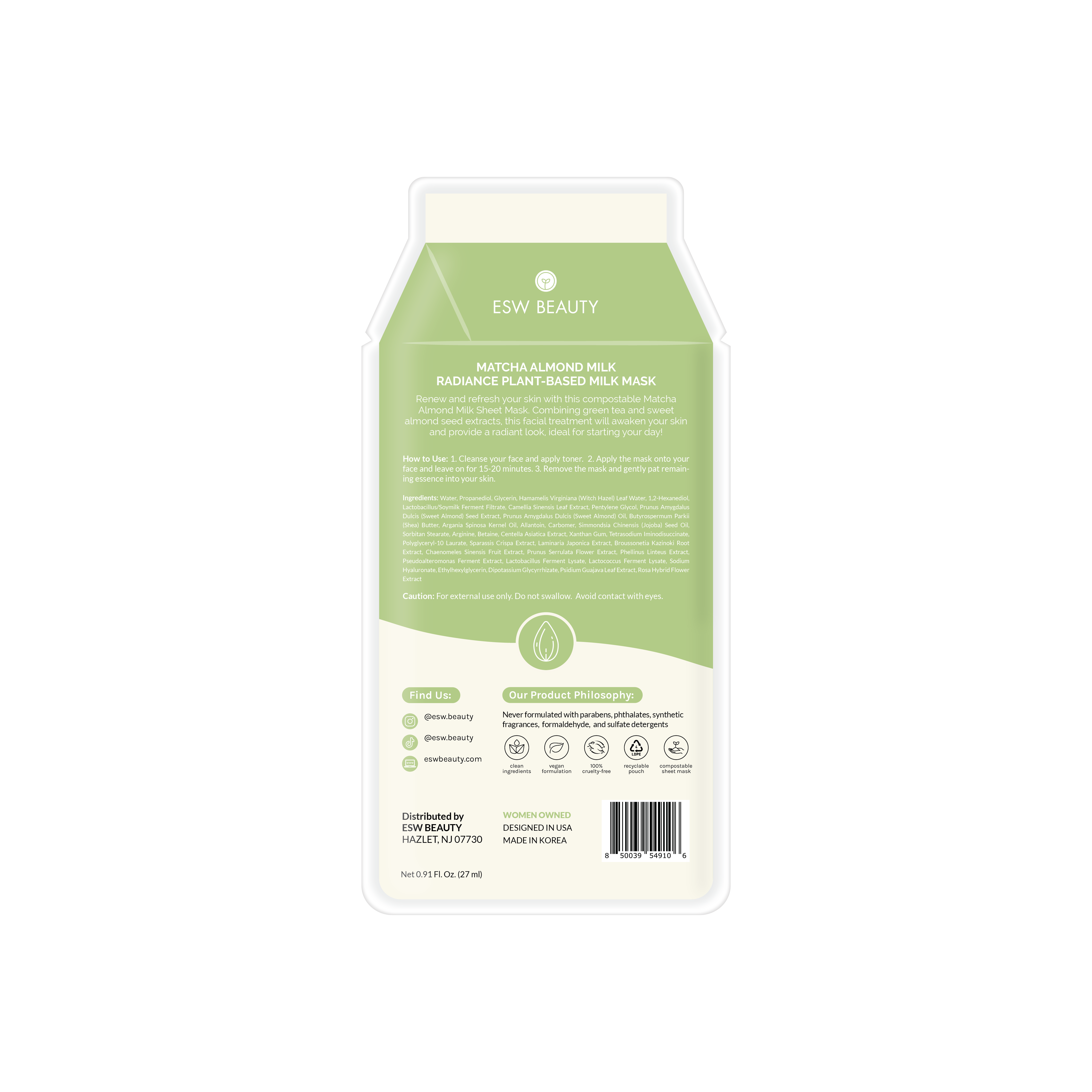 ESW Beauty - Wholesale Skincare Face Mask - Matcha Almond Milk Radiance Plant-Based Milk Sheet Mask9