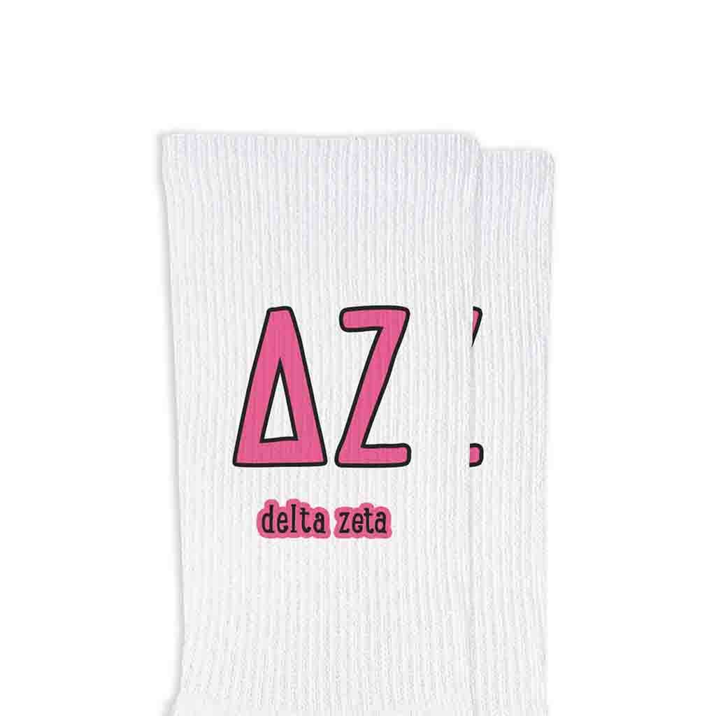 White Sorority Crew Socks with Name and Letters in Sorority Colors for wholesale on Faire12