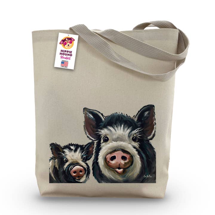 Mom and Baby Pig Tote Bag, Gusset Tote Bag, Farmhouse Tote for wholesale by Hippie Hound Studios