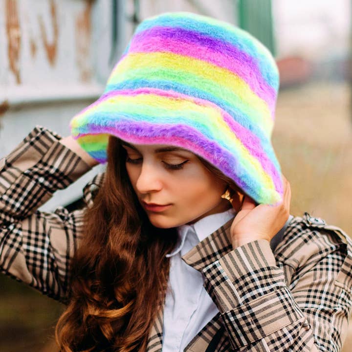 Sensibling Corp. - Wholesale Bucket Hat - Women's - Rainbow Faux Fur Bucket Hat