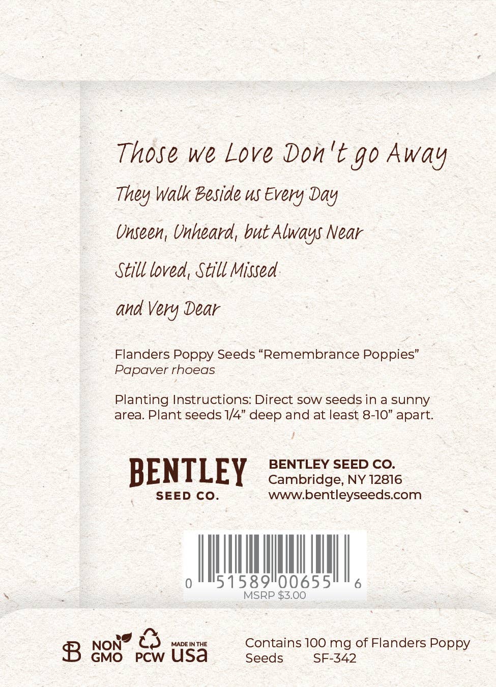 Bentley Seed Co. - Wholesale Sympathy Card - Memorial Cardinal - Flanders Poppy Seed Packets1