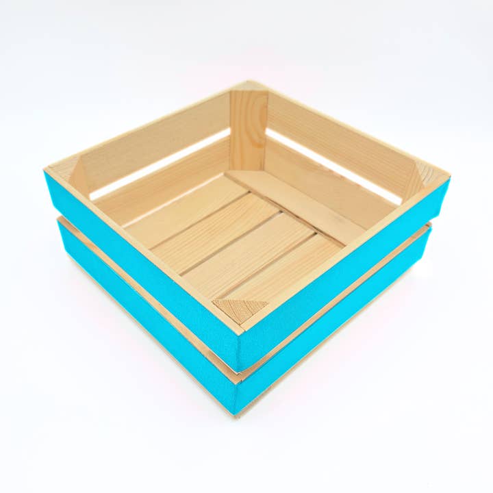 Empty Square Wooden Crate Decorated with Turquoise Ribbon for wholesale by AboutWood