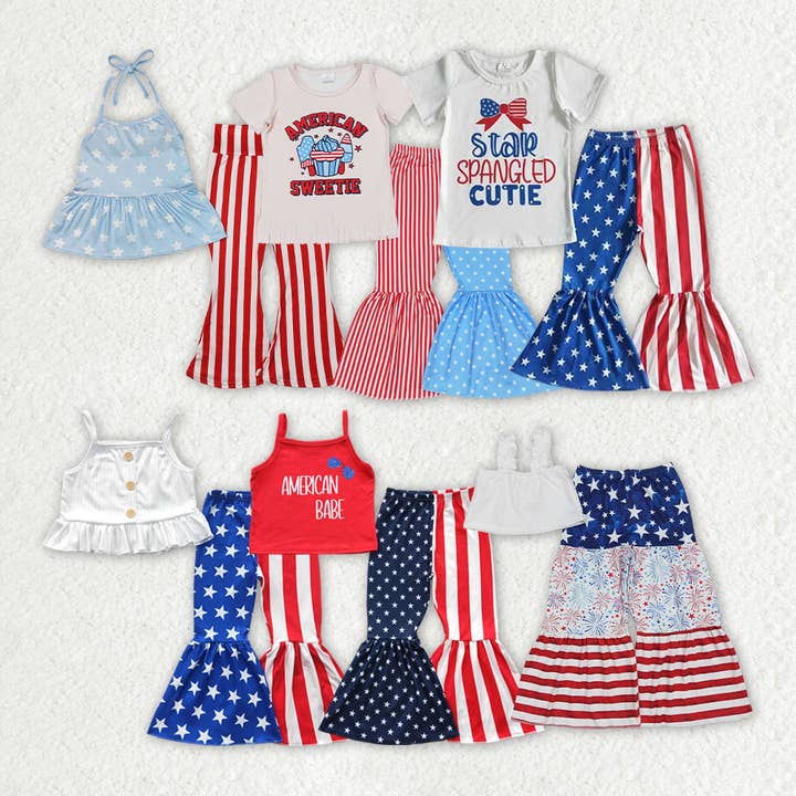 Sibling Baby Girls 4th Of July Bell Pants Outfits Clothes Sets for wholesale by Aier Wholesale