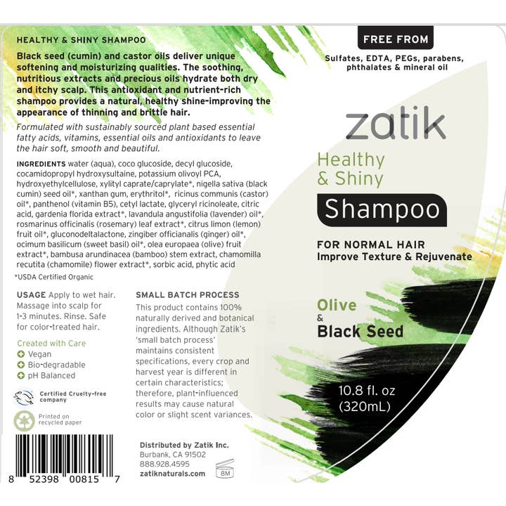 Zatik Naturals - Wholesale Hair Shampoo - Healthy & Shiny Shampoo, Olive & Black Seed, 10.8 oz
1