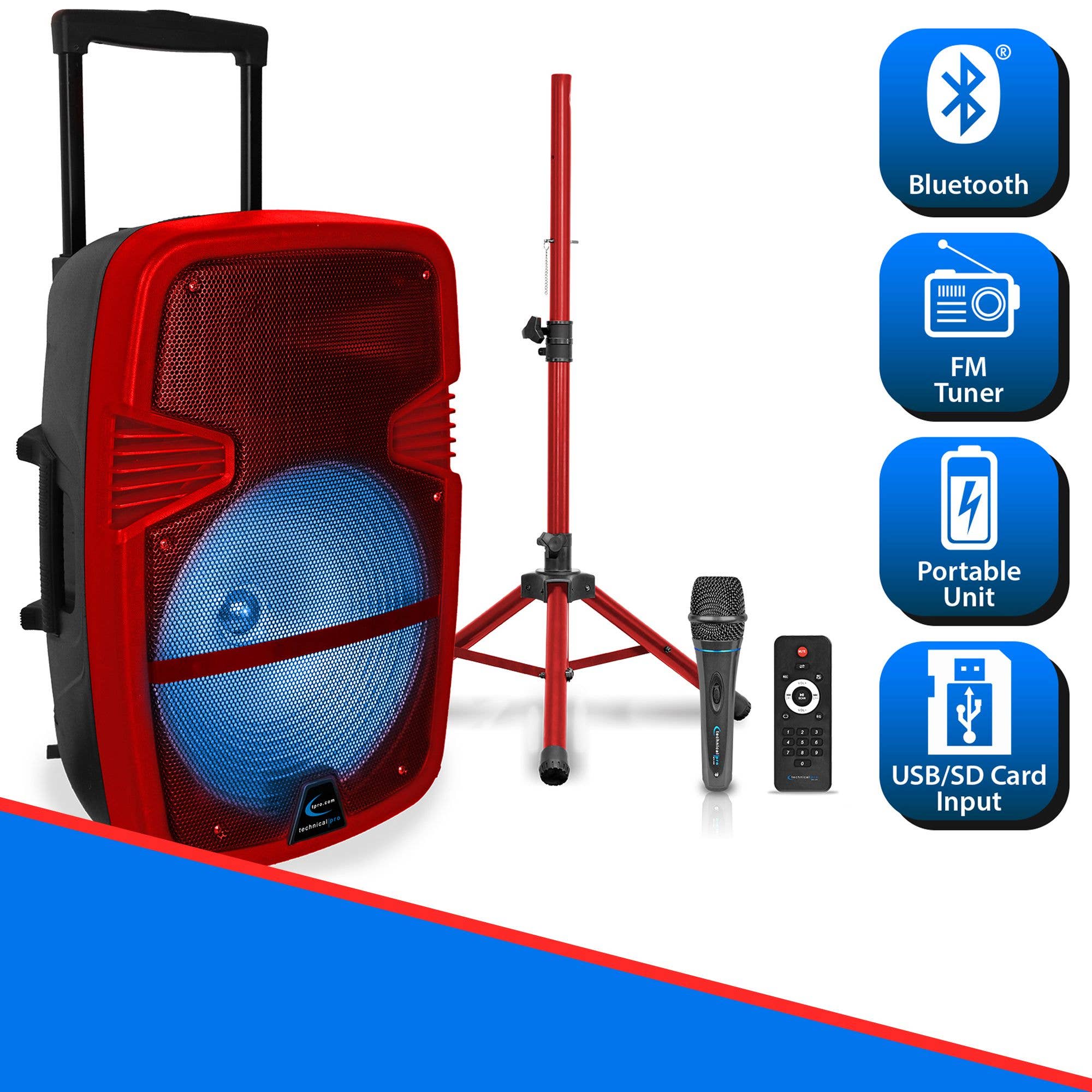 Technical Pro – wholesale Speakers – 15" Rechargeable Bluetooth LED Loudspeaker w Microphone1