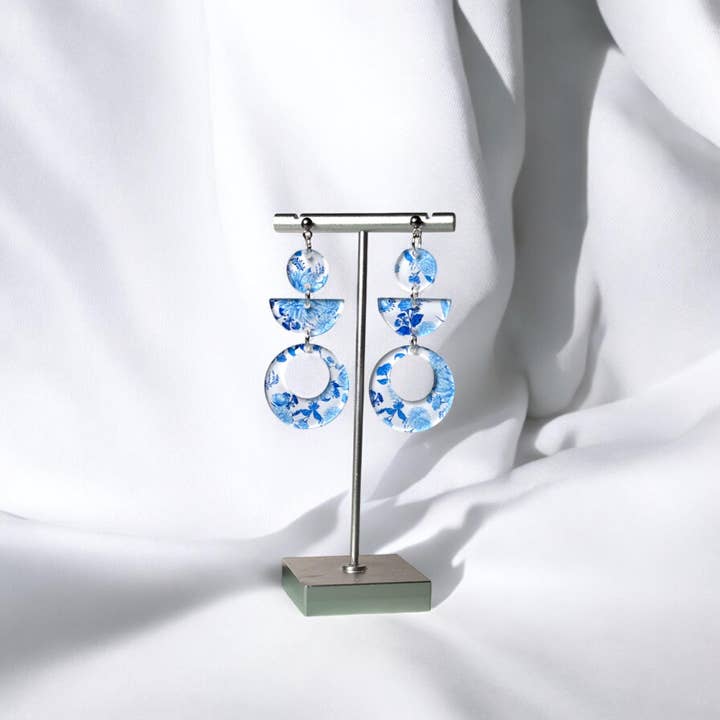 Fish Towne Designs, LLC - Wholesale Dangle Earrings - Santorini-Inspired Blue Floral Acrylic Statement Earrings5