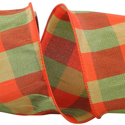 Tonal Plaid Dupioni Wired Edge, Orange/green, 4 In, 10 Yards for wholesale by RELIANT RIBBON