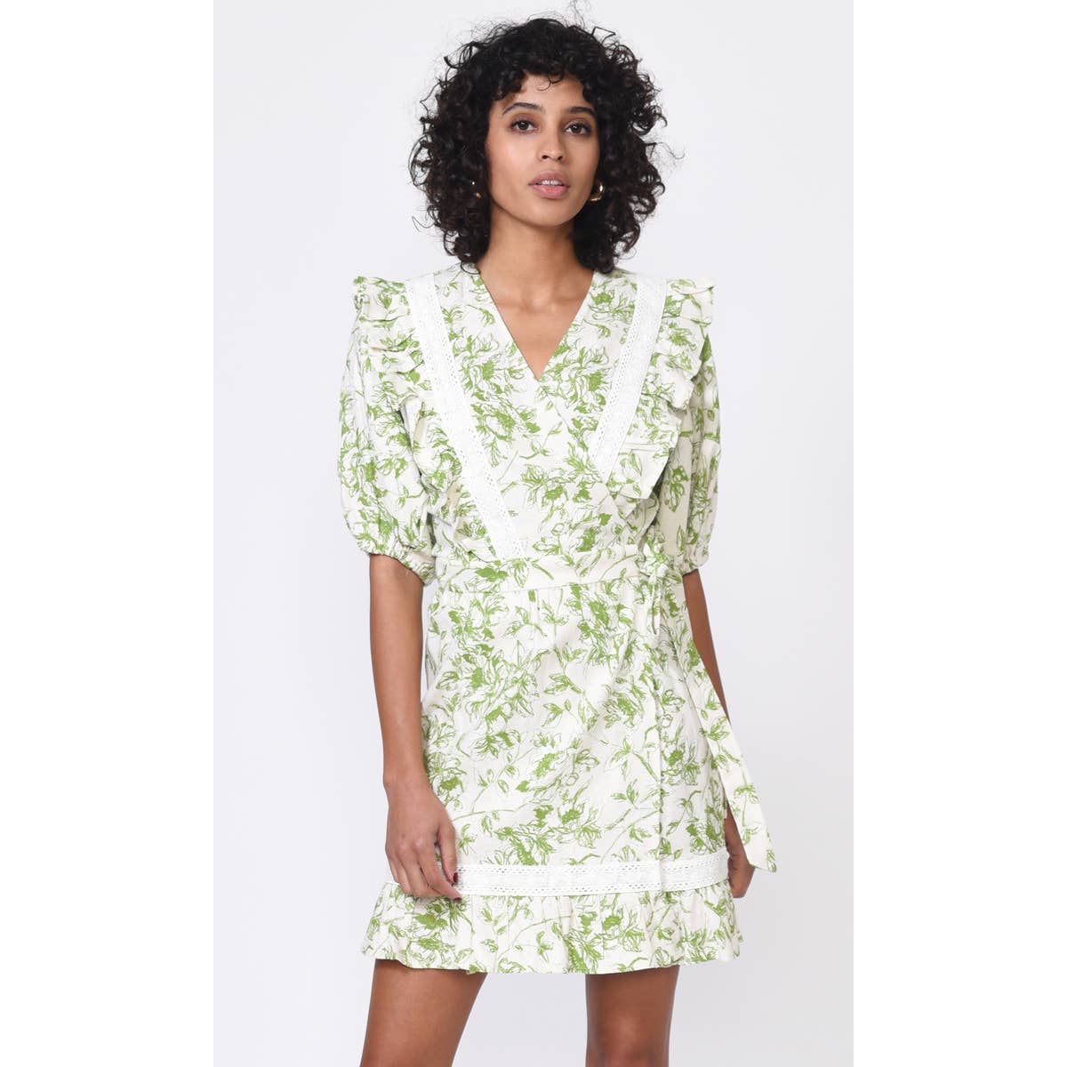 Lime Green Kalina Ecovero Toile Print Wrap Dress - Organic Linen for wholesale on Faire