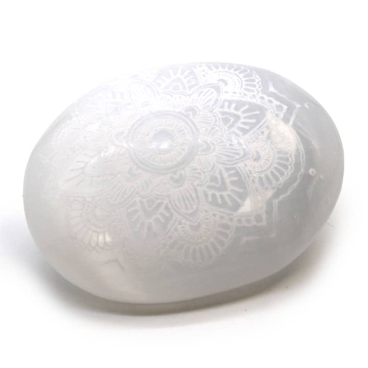 Selenite Palm Stone - Mandala Engraved for wholesale by Ancient Wisdom