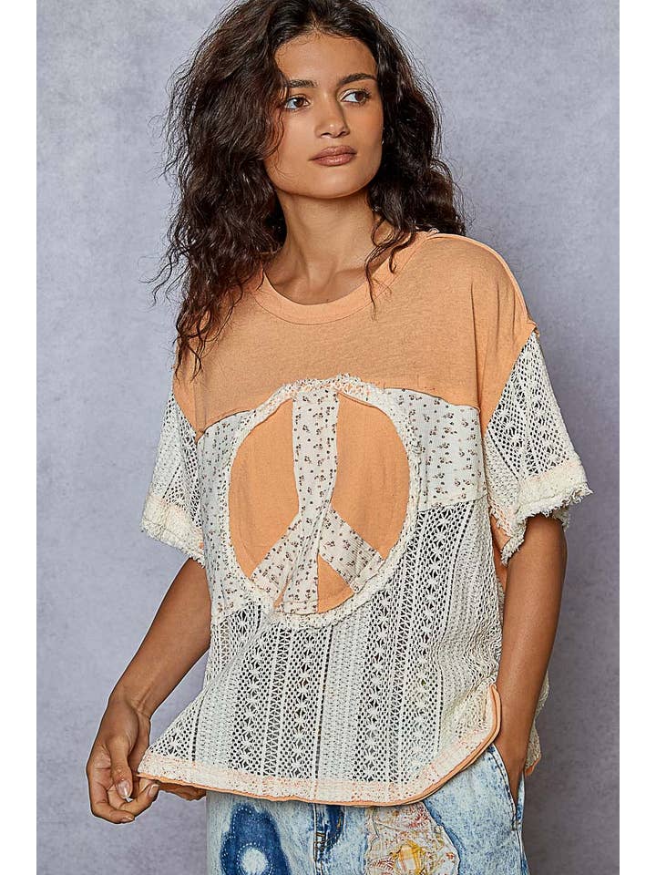 Pol Clothing - Wholesale Knit Top - Women's - Oversize round neck crochet print peace mark top SALE