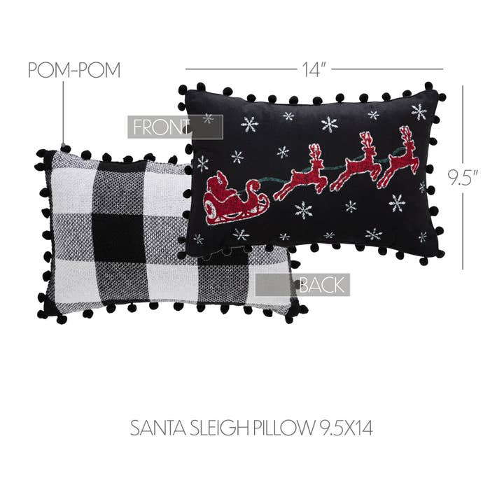 VHC Brands - Wholesale Throw/Decorative Pillow - Annie Black Check Santa Sleigh Pillow 9.5x14