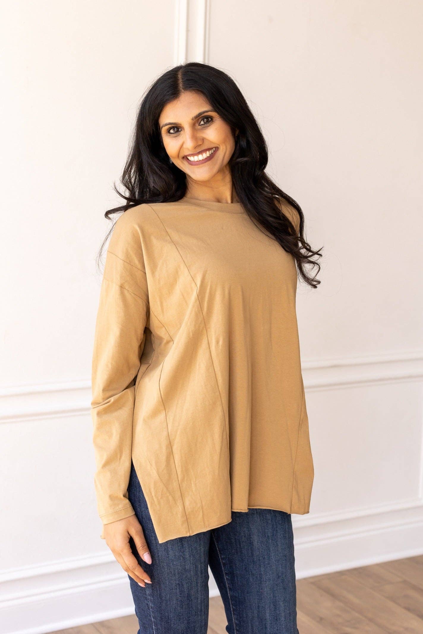 Tan Long-sleeved T-shirts With Side Stitching for wholesale on Faire1