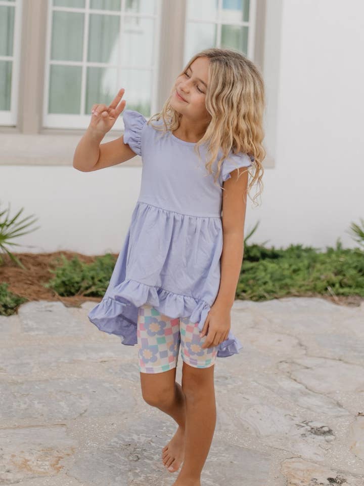 Adorable Sweetness - Wholesale Top & Short Set - Kids - Girls Periwinkle Ruffle Hi-Lo Retro Check Spring Short Set