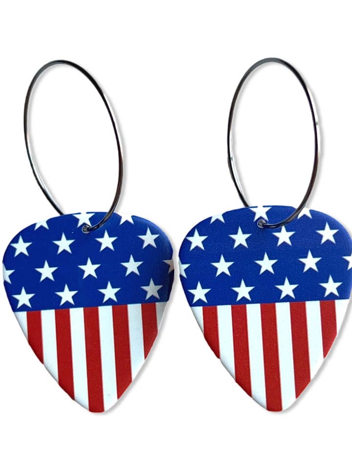 Boucles d'oreilles à médiator unique réversibles représentant le drapeau américain pour la vente par Groupie Love