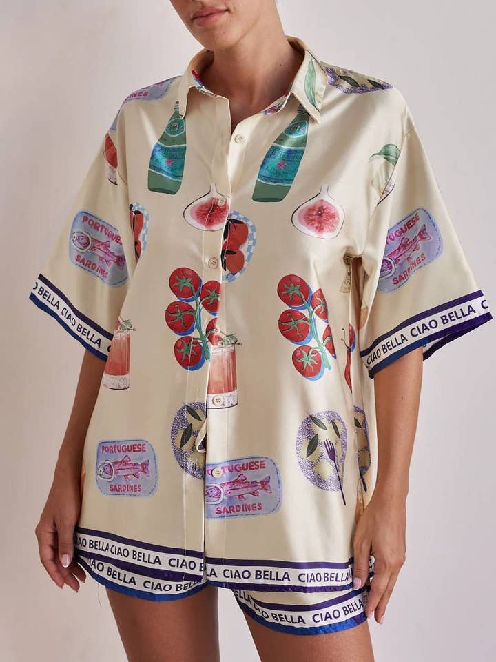 Beige Ciao Sicily Cartoon graffiti print blouse short set for wholesale on Faire7