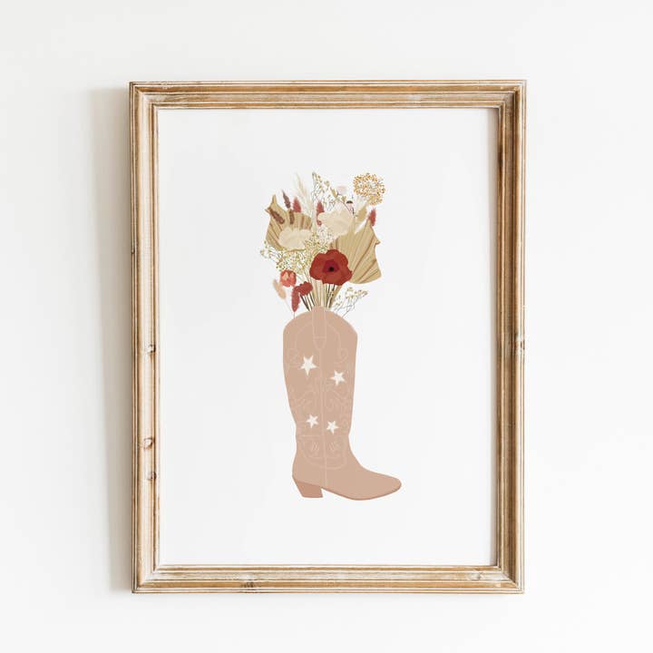 Vintage Floral Cowboy Boots Illustration Art Print for wholesale by Abate Graphics
