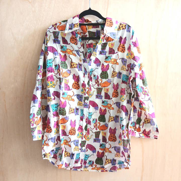 V-Neck+3/4 Sleeves Cotton Shirt 67141 Cats for wholesale by Cinnamon Creations