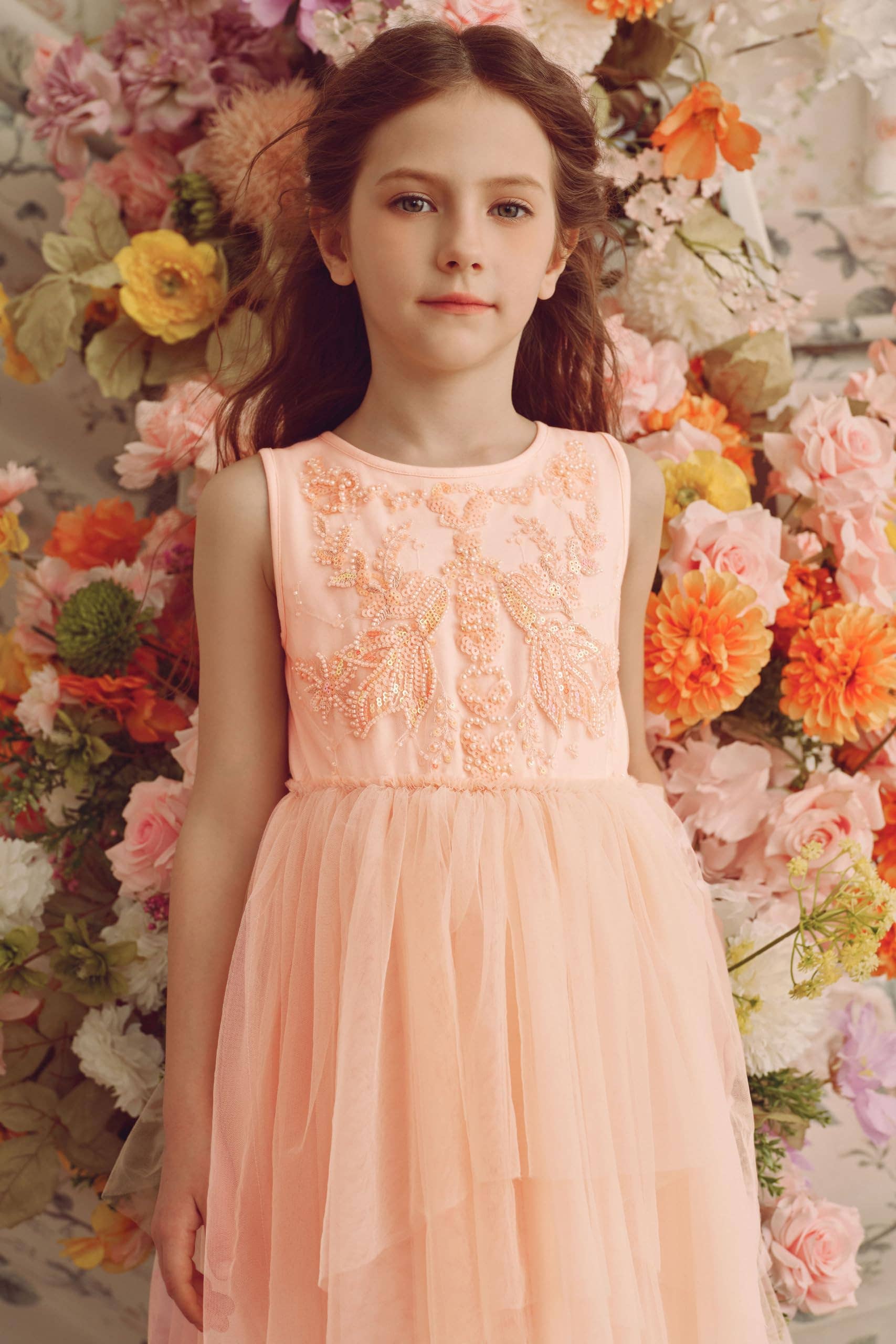 Soft Peach Whimsical Layered Tulle Toddler Dress for wholesale on Faire2