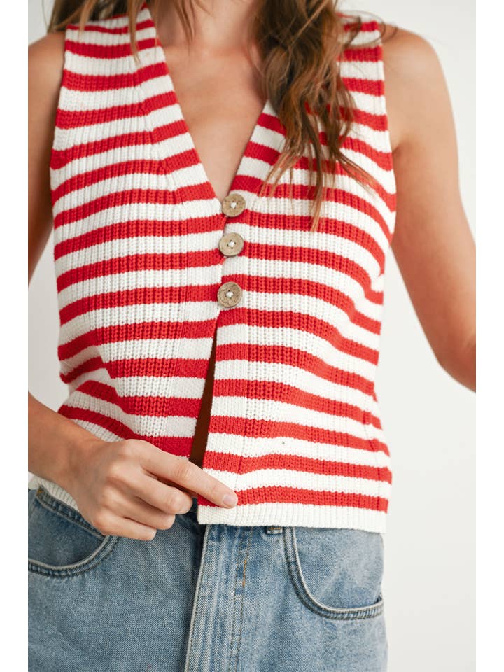 BUTTERMELON - Wholesale Sweater Vest - Women's - Striped Button-Front Sweater Vest - BMW77335