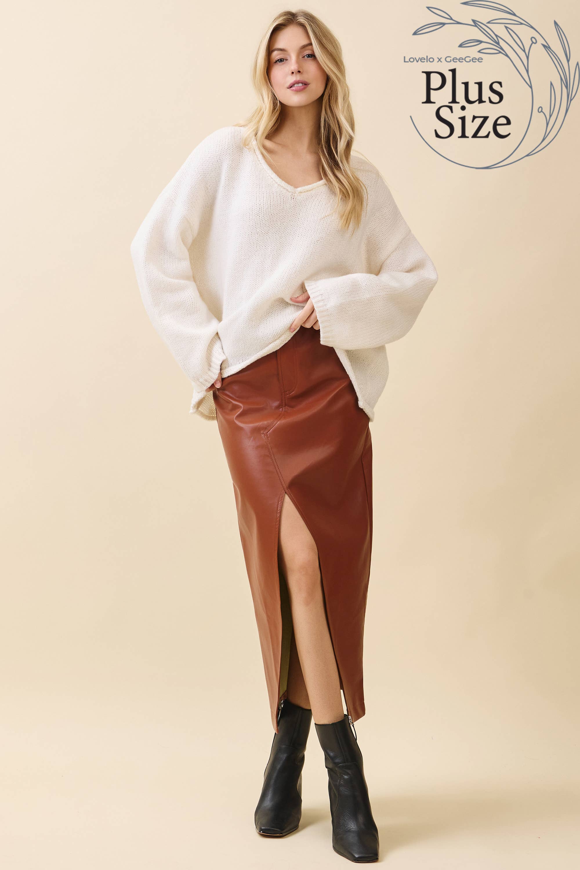 GeeGee x Lovelo - Wholesale Skirt - Women's - Plus Faux Leather Midi Skirt MS50582PL6