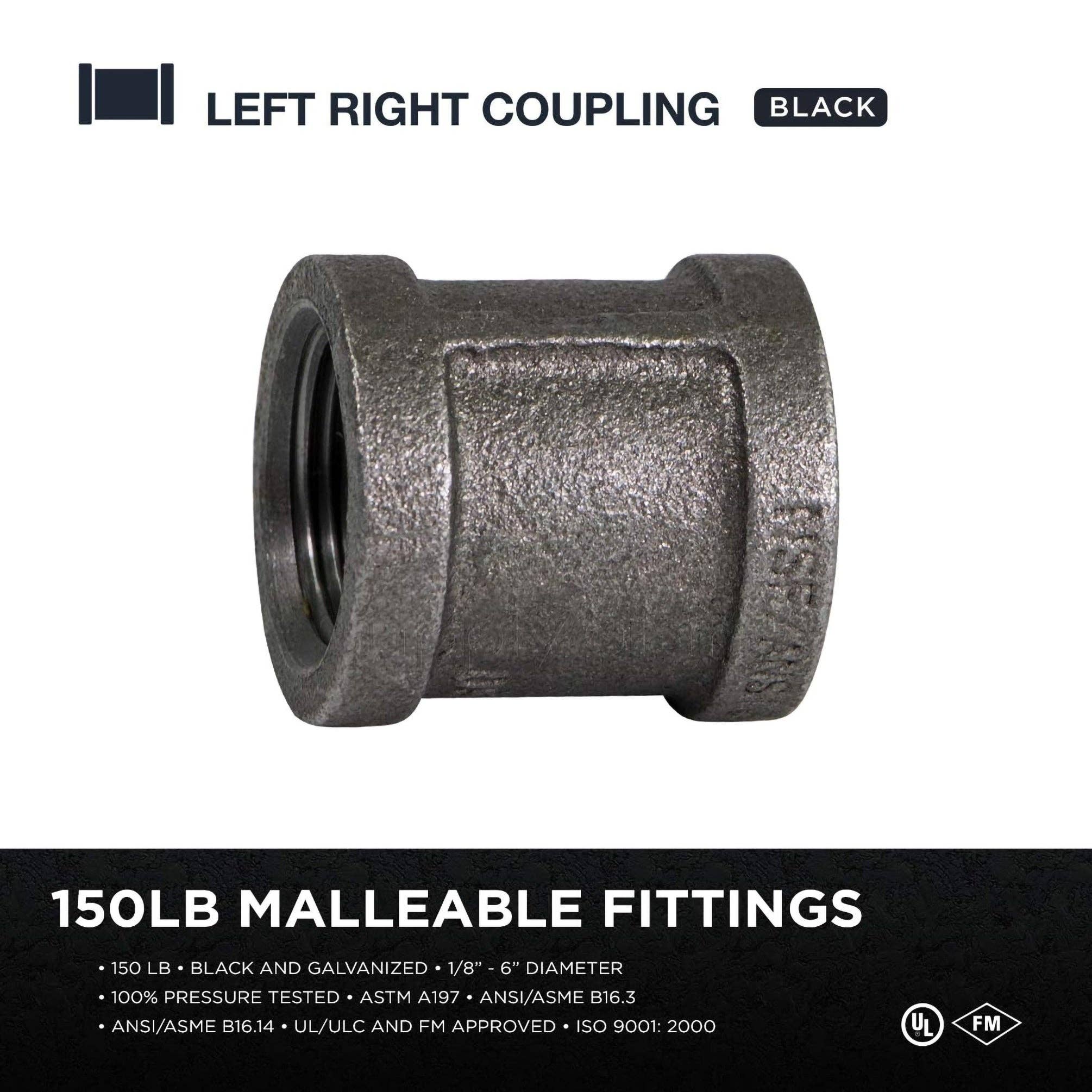 FIXTUREDISPLAYS – Großhandel  – 1/2" Schwarzes schmiedbares Eisen Gerade Links/Rechts Kupplung Umgekehrtes Gegengewinde 151146