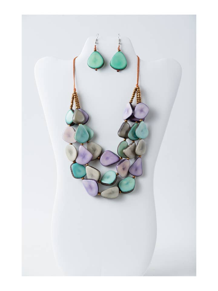 Zaley Three Stranded Organic Tagua Necklace and Earrings for wholesale by TaguArtsy