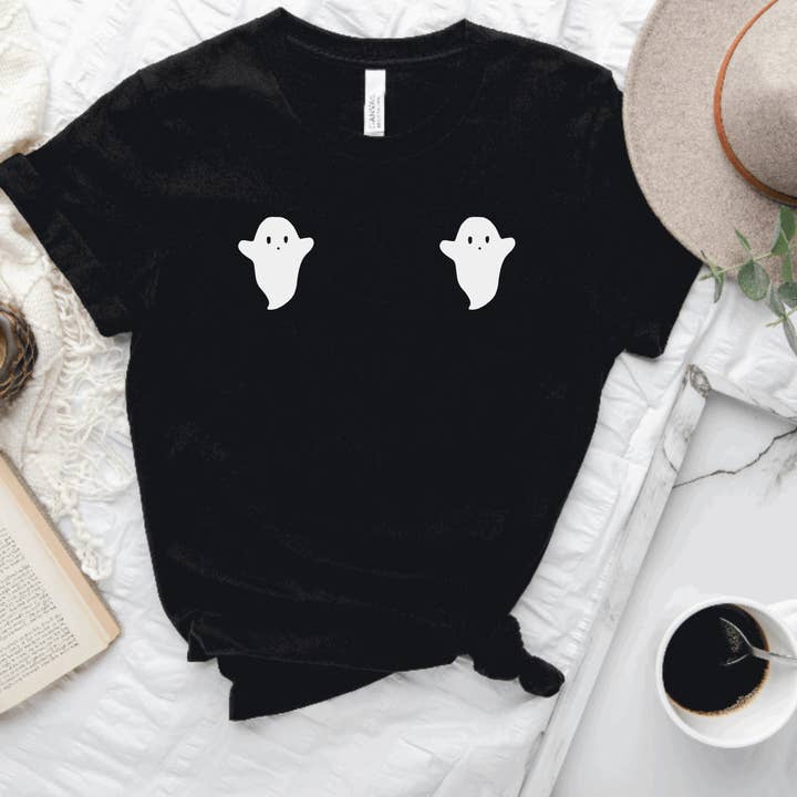 Ghost Boobs Halloween Tee, Funny Ladies boobie shirt, for wholesale by Hunter Kouture