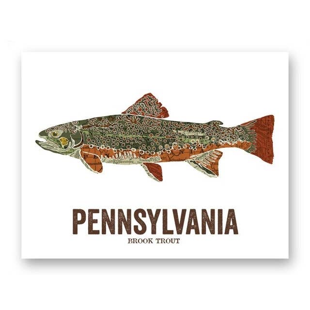 Poissons d'État de Pennsylvanie, Carte Art - Omble de fontaine pour la vente par Wooden Pencil Company