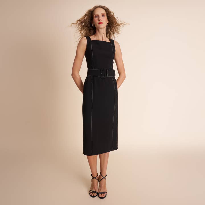 Robe longue Carmela - crêpe de tous les jours avec surpiqûres :: Noir pour la vente par M.M.LaFleur