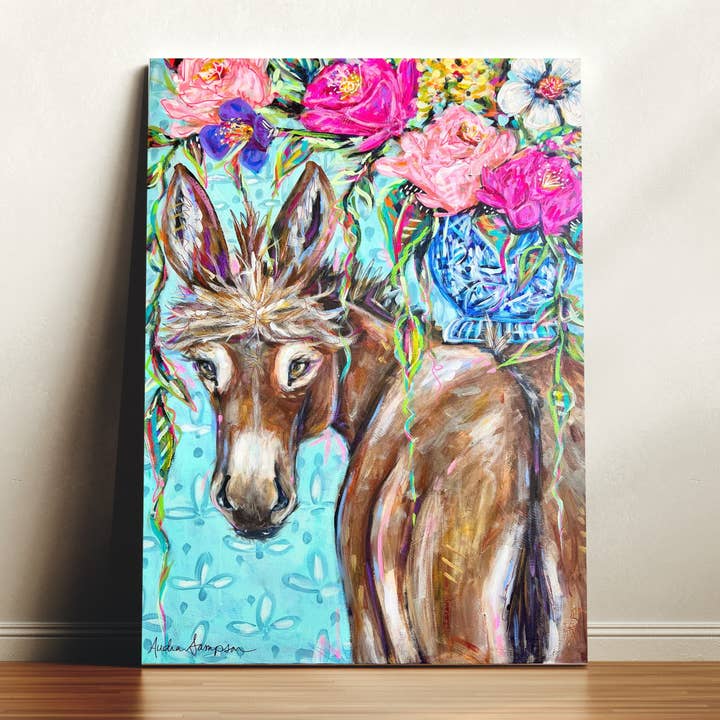 Clarence Donkey Canvas Print - Floral Art Mule Western Painting for wholesale by Audra Style