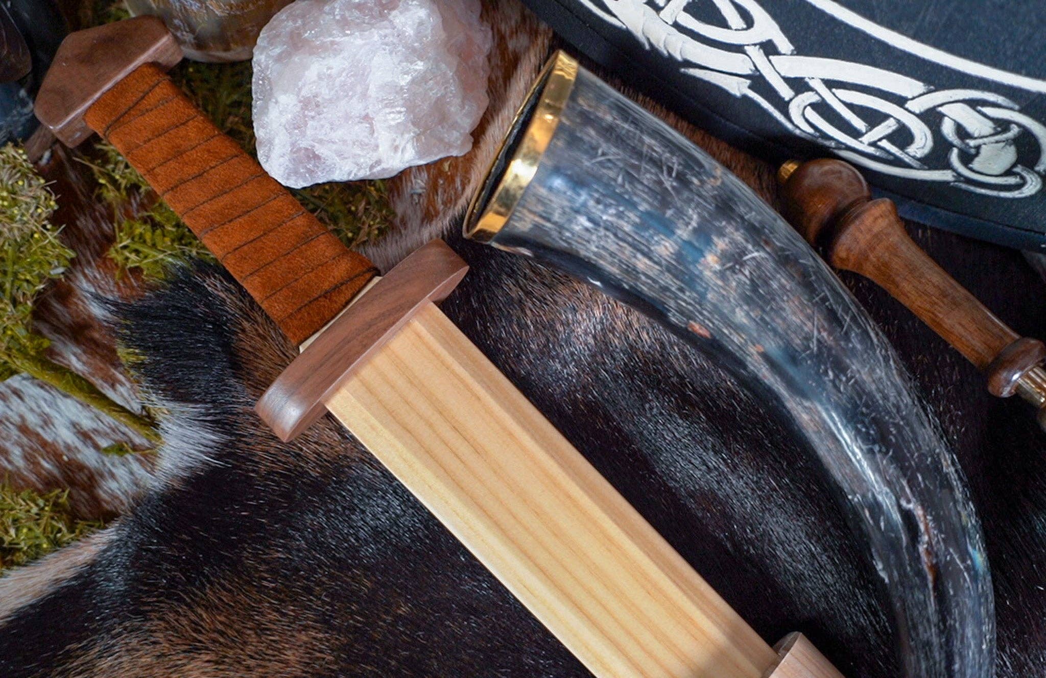 Backwoods Provisions - Wholesale Classic Toy - Kids - Large Wood Replica Viking Sword ith Norse Motif, Wooden Sheath with Leather Wrapped Handle2