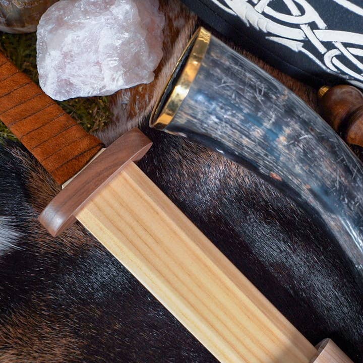 Backwoods Provisions - Wholesale Classic Toy - Kids - Large Wood Replica Viking Sword ith Norse Motif, Wooden Sheath with Leather Wrapped Handle2