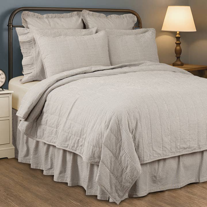 VHC Brands - Wholesale Coverlet - Hatteras Seersucker Blue Ticking Stripe Twin Quilt Coverlet 68Wx86L