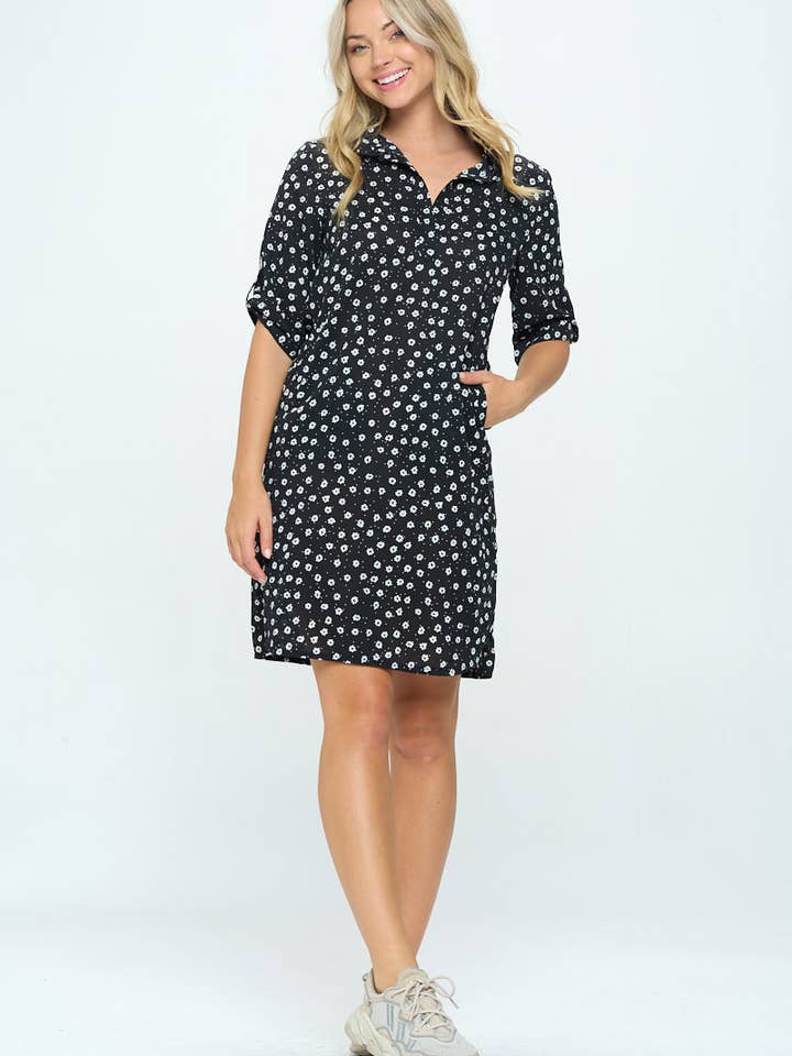 FLORAL PRINT BLACK SHIRT DRESS WITH POCKETS for wholesale by SM WARDROBE