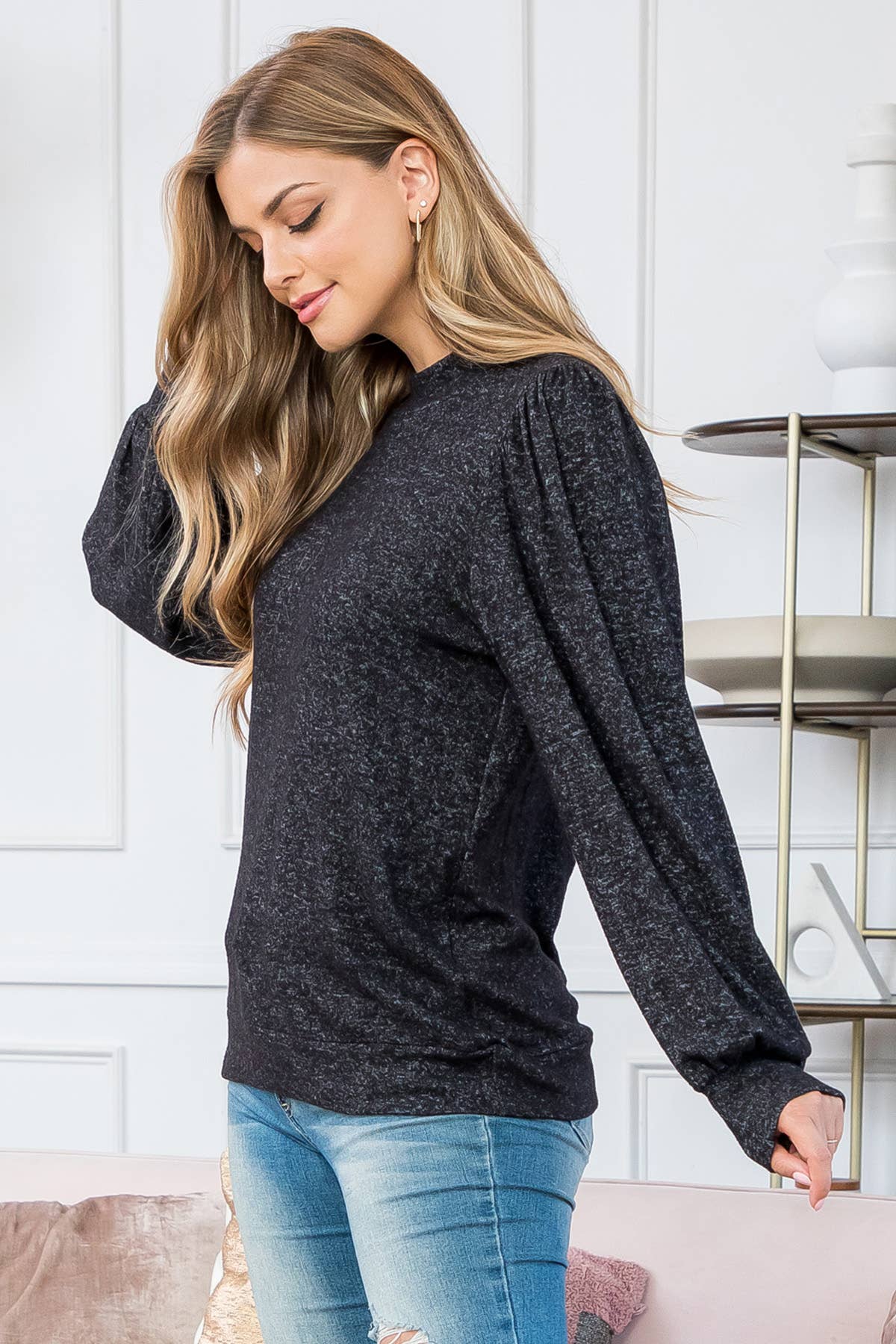 You & Me - Vente Haut en maille – femme - VENTE ! ! ! PPT21143 - HAUT À MANCHES BOUFFANTES À COL ROND - ANTHRACITE4