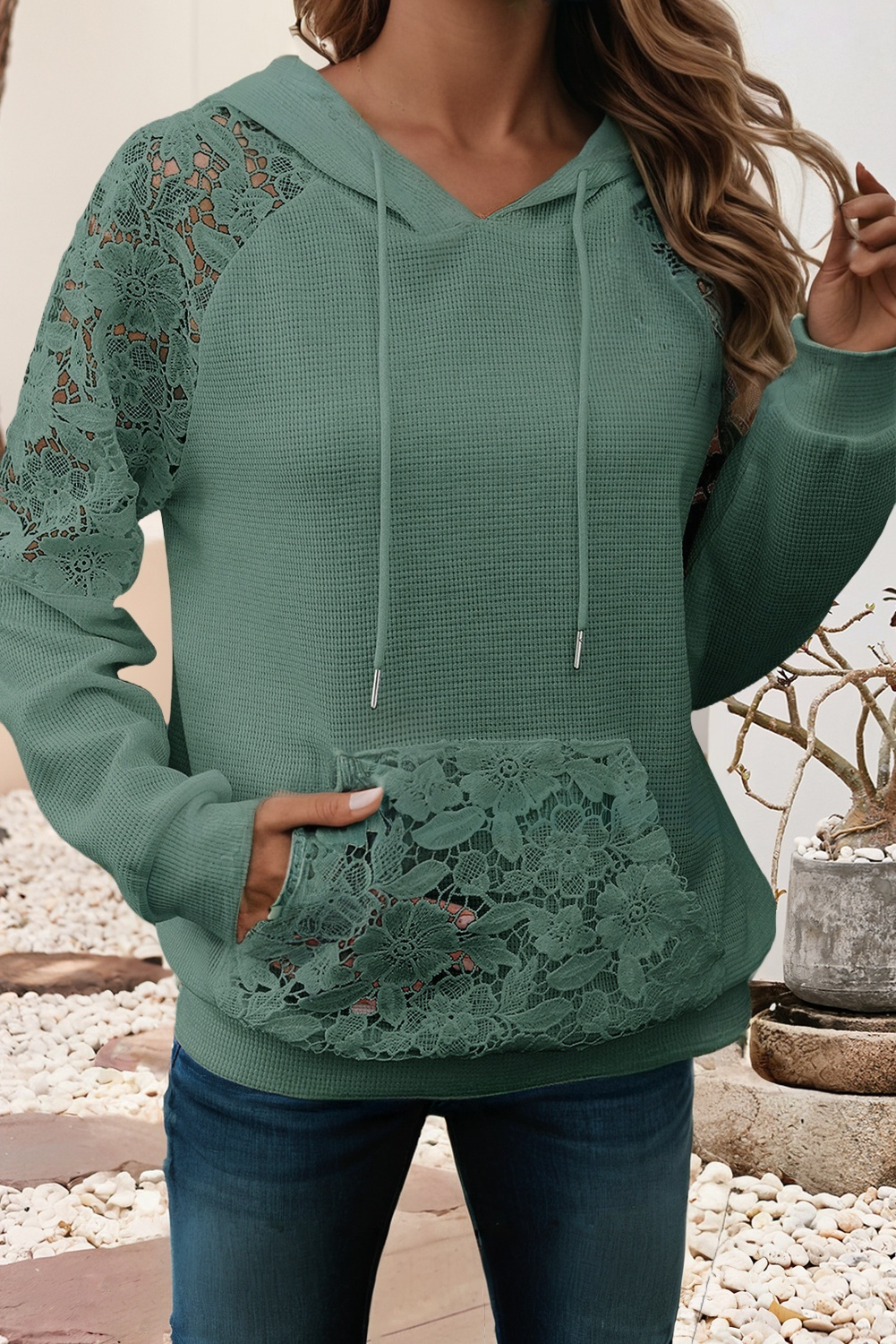 Little Daisy Closet - Wholesale Hoodie - Women's - LDC Patchwork Raglan Sleeve Kangaroo Pocket Waffle Hoodie2