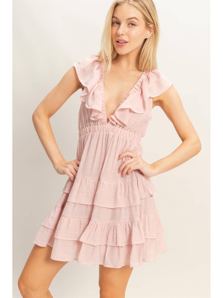 Ruffle V-Neck Tiered Mini Dress for wholesale by HYFVE