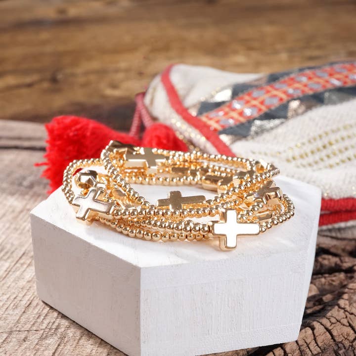 PennyLine inc - Wholesale Beaded Bracelet - Gold Tone Sideways Cross Bracelet Set – Stretchy Ball Beads, Set of 5