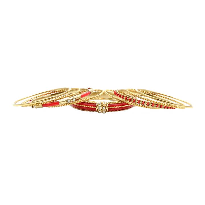 Erik & Mike - Venta al por mayor Brazalete - Brazalete indio de 9 piezas con cristales de resina roja en oro