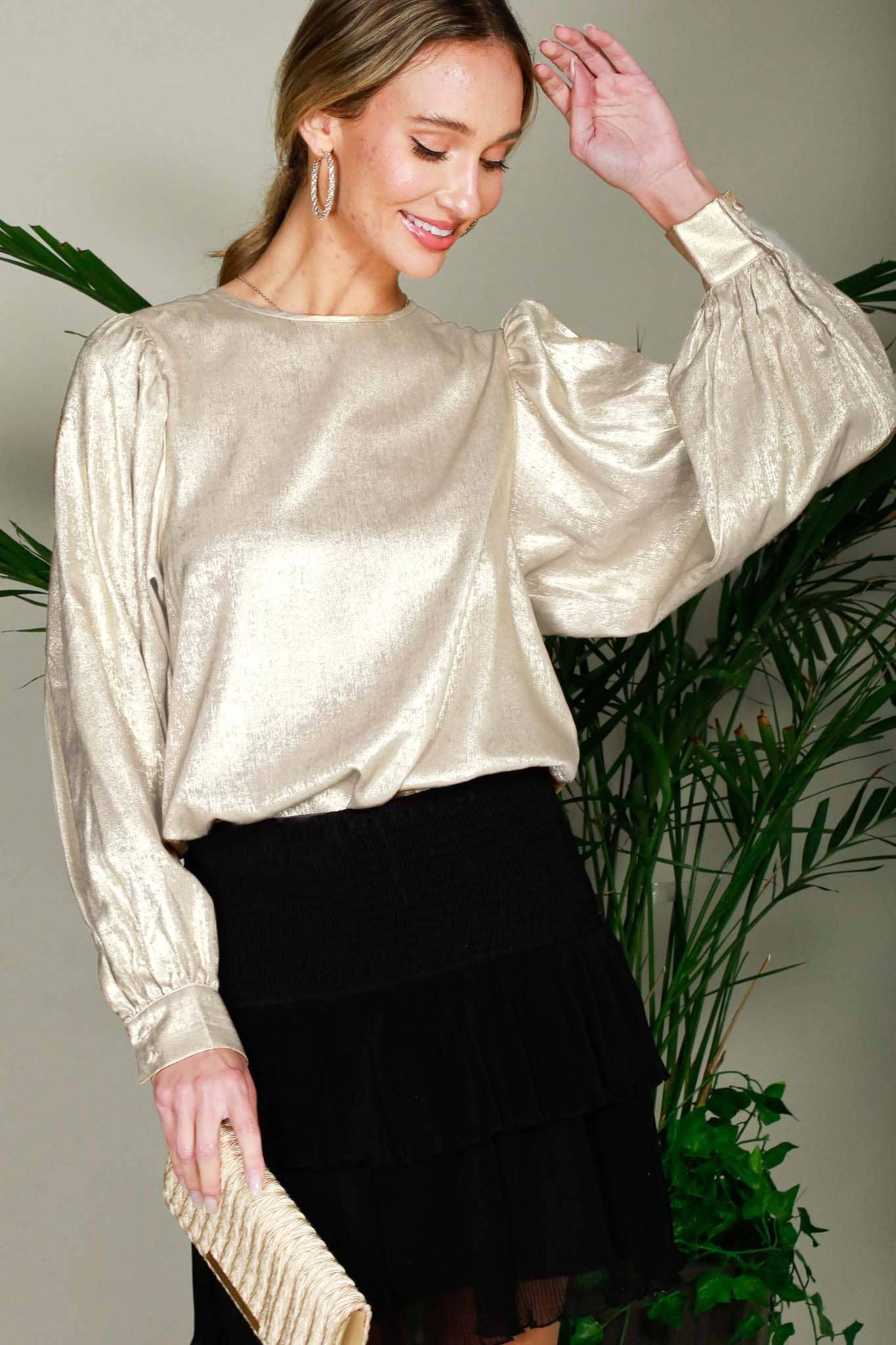 Vine & Love - Wholesale Blouse - Women's - Long Balloon Sleeve Metallic Woven Blouse Top  VT31320D16