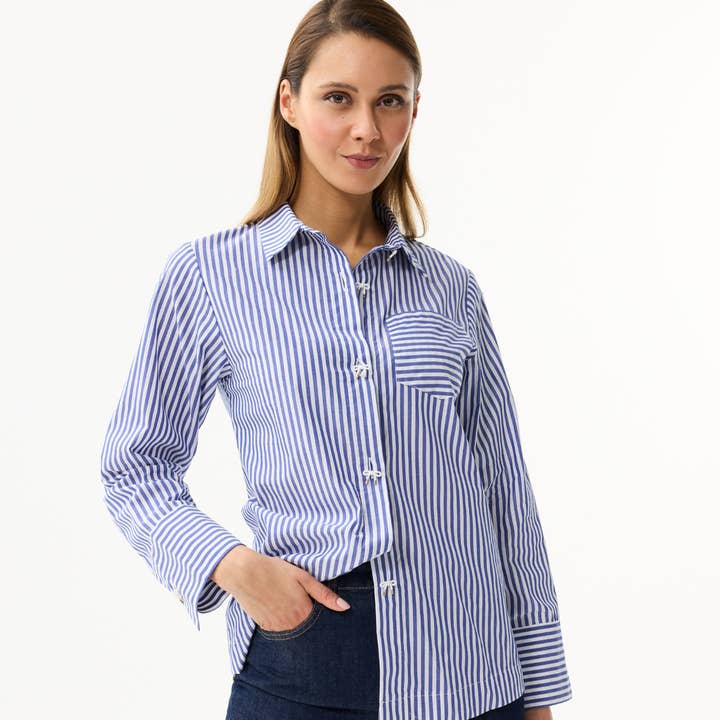 Women's blue and white striped cotton shirt for wholesale by leo & ugo