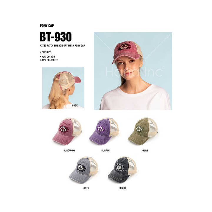 Hana - Wholesale Ponytail Cap - Women's - C.C Aztec Patch Embroidery Mesh Pony Cap