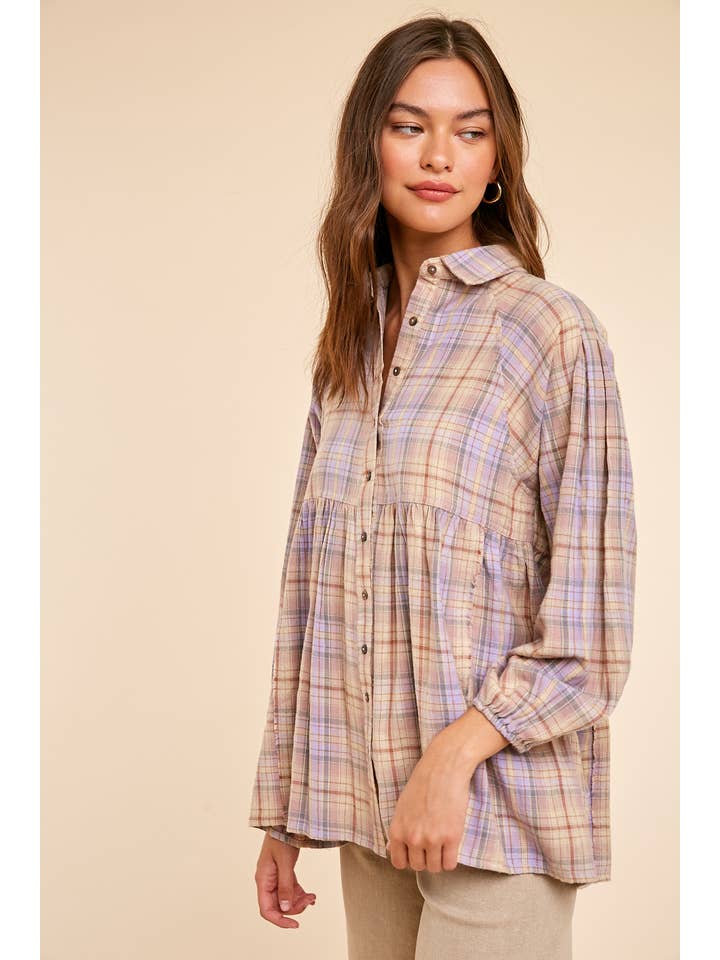 In Loom - Wholesale Button Down Shirt - Women's - GARMENT WASHED PLAID BUTTON DOWN TUNIC